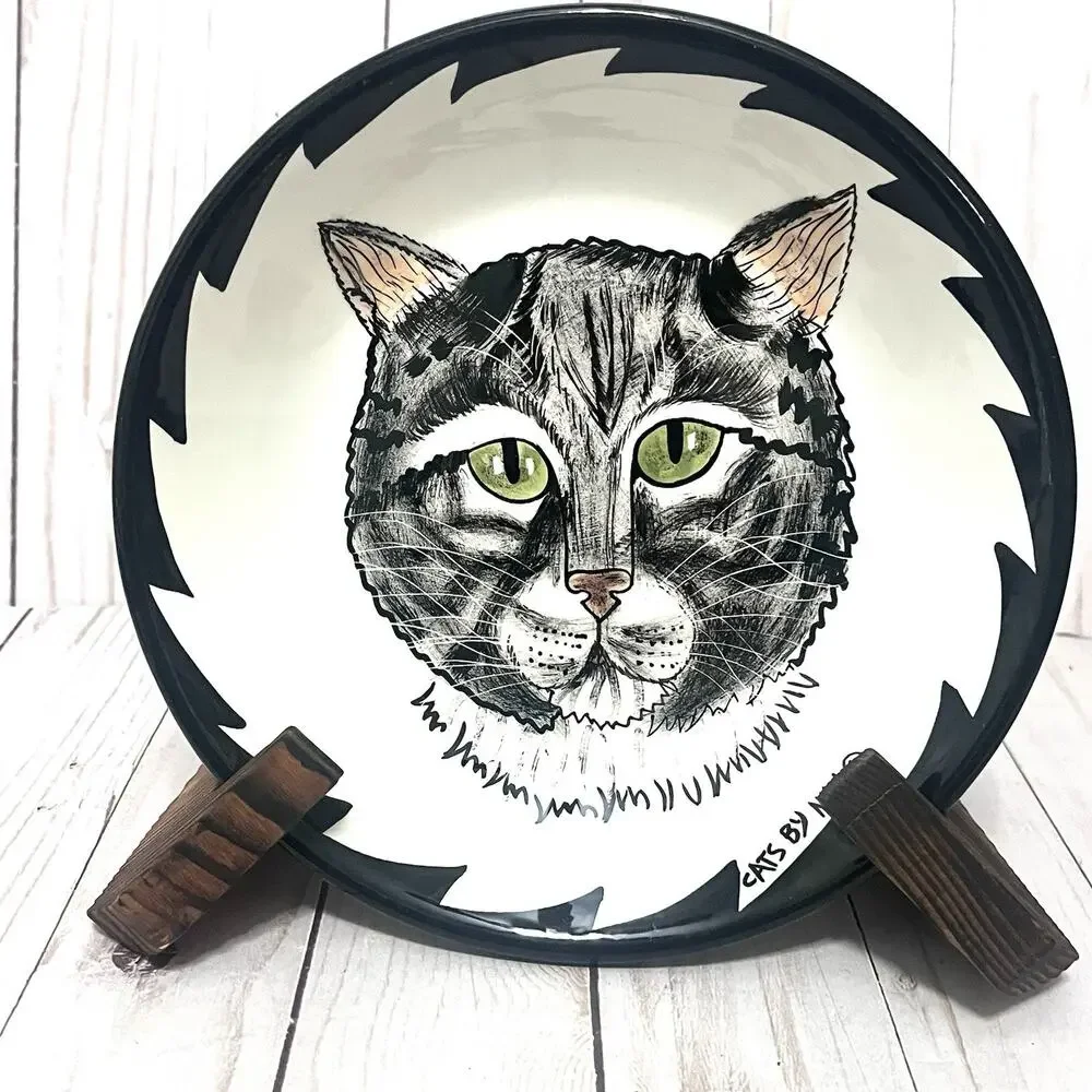 Cats By Nina Bowl Hand Painted Nina Lyman 8 Inches Black Tabby Cat Green Eyes